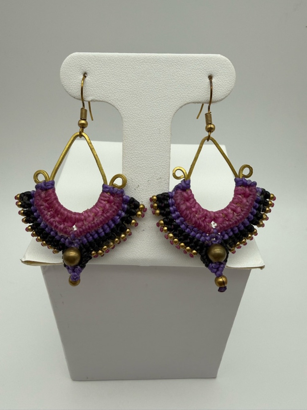 Handcrafted in Thailand Purple and Black Beaded Hoop Earrings